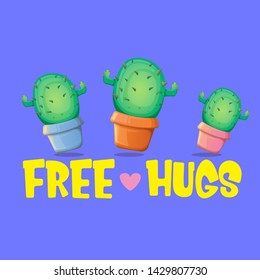 Free hugs text and cartoon green cactus in pot isolated on violet background. funny houseplant icon with quote or slogan for print on tee. International free hugs day concept