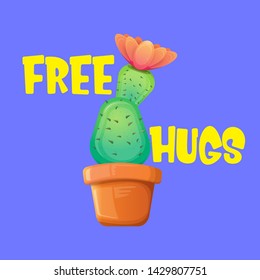 Free hugs text and cartoon green cactus in pot isolated on violet background. funny houseplant icon with quote or slogan for print on tee. International free hugs day concept