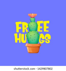 Free hugs text and cartoon green cactus in pot isolated on violet background. funny houseplant icon with quote or slogan for print on tee. International free hugs day concept