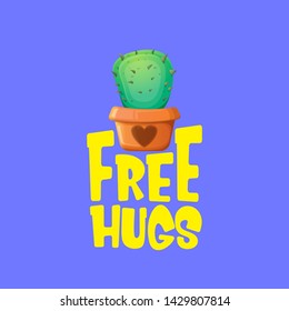 Free hugs text and cartoon green cactus in pot isolated on violet background. funny houseplant icon with quote or slogan for print on tee. International free hugs day concept
