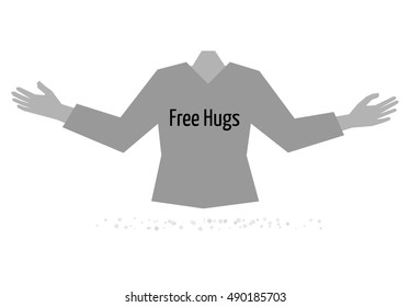 Free hugs and torso of body with wide open hands ready for free hug. Illustration of free hugs in flat style. Illustration contains text: Free Hugs