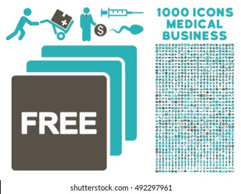 Free icon with 1000 medical business grey and cyan vector pictograms. Design style is flat bicolor symbols, white background.
