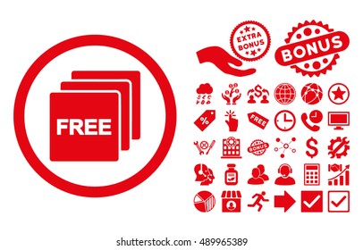 Free icon with bonus pictures. Vector illustration style is flat iconic symbols, red color, white background.