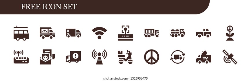 free icon set. 18 filled free icons.  Collection Of - Van, Delivery truck, Truck, Wifi, Peace, Signal, Delivery