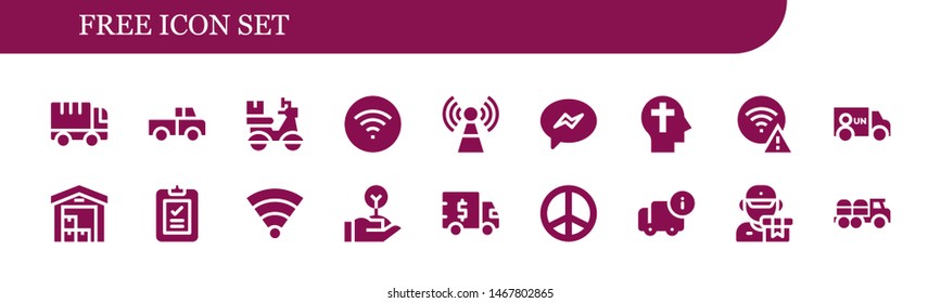 free icon set. 18 filled free icons.  Collection Of - Truck, Delivery, Wifi, Signal, Messenger, Faith, Van, Freedom, Peace