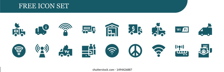 free icon set. 18 filled free icons.  Collection Of - Van, Delivery, Wifi signal, Truck, Wifi, Signal, Shopping online, Peace