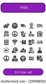 free icon set. 25 filled free icons. Simple modern icons about  - Delivery, Wifi, Delivery truck, Signal, Truck, Van, Peace, Shopping online, Sugar, Sugar cube
