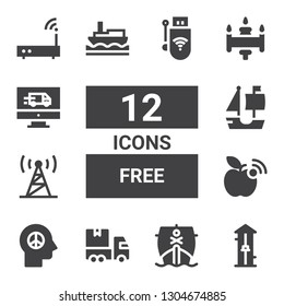 free icon set. Collection of 12 filled free icons included Free fall, Ship, Delivery truck, Peace, Wifi signal, Signal, Delivery, Wifi, Wireless