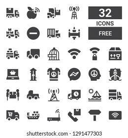 free icon set. Collection of 32 filled free icons included Wifi, Signals, Shipping, Ship, Delivery truck, Signal, Delivery, Peace, Messenger, Free fall, Shopping online, Wireless