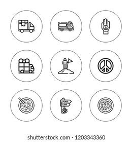 Free icon set. collection of 9 outline free icons with delivery truck, peace, overcome, vegan food icons. editable icons.