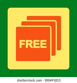 Free icon. This flat rounded square button uses orange and yellow colors and isolated on a green background.