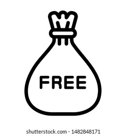 Free icon. The word FREE is placed in front of the money bag. Stroke outline style. Vector. Isolate on white background.
