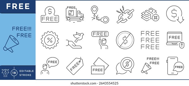 Free icons set. 18 line icons. Vector editable stroke. Deliver, money, freedom, coupon, discount, no money.