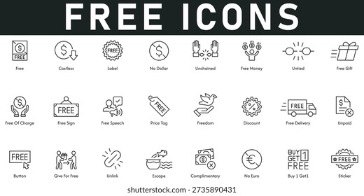 Free Icons vector illustration with thin line editable stroke containing costless unchained free money gift speech delivery sticker buy 1 get 1 price tag free of charge unlink freedom