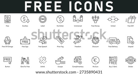 Free Icons vector illustration with thin line editable stroke containing costless unchained free money gift speech delivery sticker buy 1 get 1 price tag free of charge unlink freedom