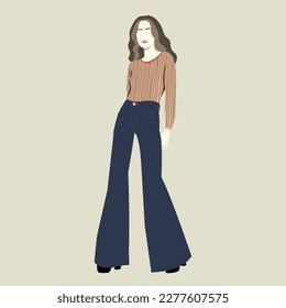 Free illustration of a young girl wearing a 70s themed outfit. Colorful vector illustration isolated on light gray background