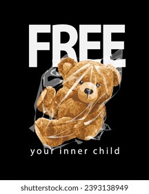 free inner child slogan with bear toy in plastic wrap vector illustration