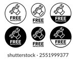 Free installation with hand and spanner icon set. Install, upgrade, fix, repair service icons. Free installation logo, label, badge, symbol, emblem, stamp, black, line, vector isolated illustration.