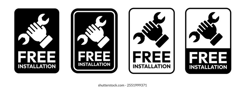 Free installation with hand and spanner icon set. Install, upgrade, fix, repair service icons. Free installation logo, label, badge, symbol, emblem, stamp, black, line, vector isolated illustration.