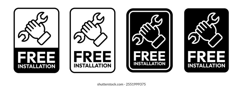 Instalación gratuita con la mano y el conjunto de iconos de llave. Instalar, Mejorar, reparar, reparar iconos de servicio. Logo de instalación gratuita, etiqueta, insignia, símbolo, emblema, sello, negro, línea, Vector ilustración aislada.