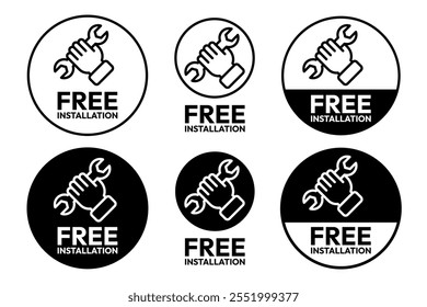 Free installation with hand and spanner icon set. Install, upgrade, fix, repair service icons. Free installation logo, label, badge, symbol, emblem, stamp, black, line, vector isolated illustration.