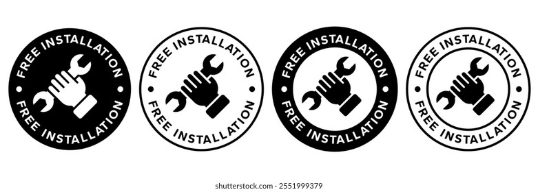 Free installation with hand and spanner icon set. Install, upgrade, fix, repair service icons. Free installation logo, label, badge, symbol, emblem, stamp, black, line, vector isolated illustration.