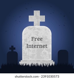 Free internet is dead. Grave concept symbolizing increasing government control and lack of privacy.