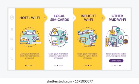 Free Internet and paid WI-fi onboarding vector template. Local SIM card, hotel and inflight connection. Responsive mobile website with icons. Webpage walkthrough step screens. RGB color concept