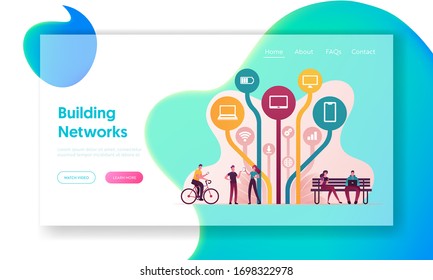 Free Internet Services and Applications Landing Page Template. Characters Using Gadgets and Apps for Smartphones and Devices Downloading from Worldwide Network. Cartoon People Vector Illustration