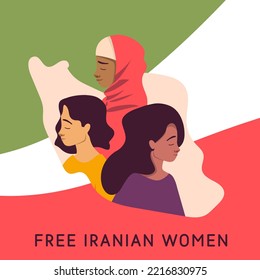 Free Iranian Women Slogan Poster Design On Iran State Silhouette. Three Sad Young Iranian Girl And Women With Closed Eyes And Long, Short Hair. Union, Struggle, Help, Save, Support, Stand By Concept