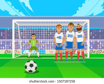 Free kick. Game situation. Penalty shot with goalkeeper at soccer.