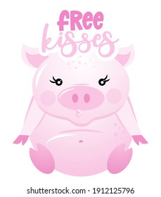 Free kisses - Cute rose pink pig. Funny doodle piglet. Hand drawn lettering for Valentine's Day greetings cards, invitations. Love adnimal. Xoxo, do not go bacon my heart.