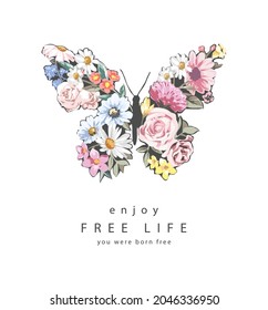 free life slogan with colorful wild flowers in butterfly shape vector illustration