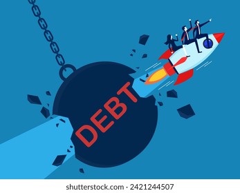 Free from loan debt. team of businessmen drives a rocket to destroy debt 