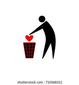 Free from love. Icon pictogram of a person throwing the heart into the trash. Ideal for catalogs, information and institutional material
