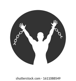 Free man sign. Broken chain graphic icon. Silhouette liberated man which broken chain. Freedom symbol. Vector illustration