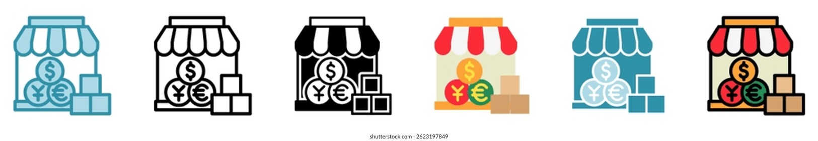 Free Market multi style, mini illustration icon set. outline, flat, glyph, line color. vector for UI, UX, app, web, digital or print, related to trade war, economic competition, business, finance.
