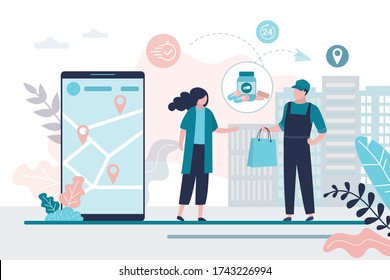 Free medication delivery. Online pharmacy, delivery man hold bag with medical drugs. Internet drugstore. Healthcare banner. Woman client near smartphone. Flat vector illustration