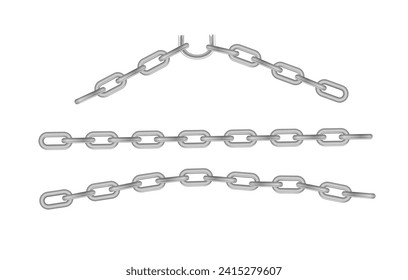 Free metal chain with whole or break steel chrome links. Collection of seamless metal chains colored silver. Vector