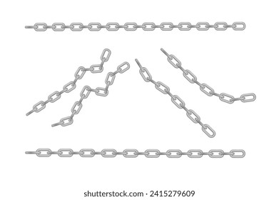 Free metal chain with whole or break steel chrome links. Collection of seamless metal chains colored silver. Vector