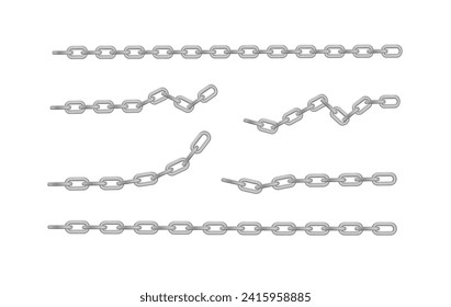 Free metal chain with whole or break steel chrome links. Collection of seamless metal chains colored silver. Vector