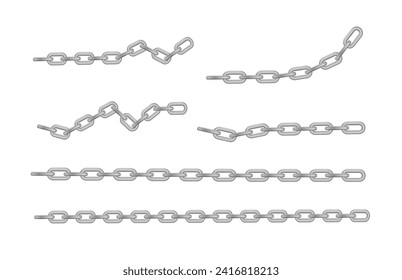 Free metal chain with whole or break steel chrome links. Collection of seamless metal chains colored silver. Vector