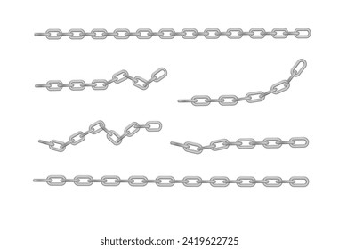 Free metal chain with whole or break steel chrome links. Collection of seamless metal chains colored silver. Vector