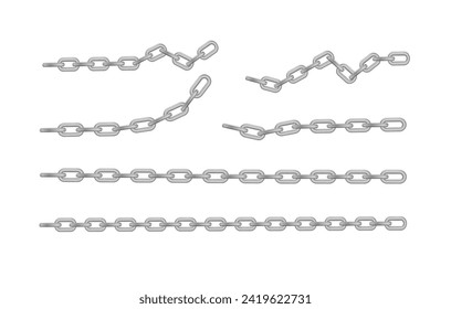 Free metal chain with whole or break steel chrome links. Collection of seamless metal chains colored silver. Vector