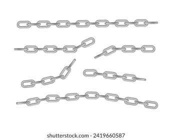 Free metal chain with whole or break steel chrome links. Collection of seamless metal chains colored silver. Vector