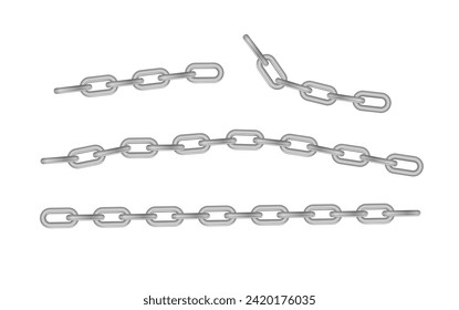 Free metal chain with whole or break steel chrome links. Collection of seamless metal chains colored silver. Vector