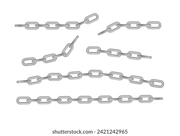 Free metal chain with whole or break steel chrome links. Collection of seamless metal chains colored silver. Vector