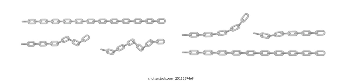 Free metal chain with whole or break steel chrome links. Collection of seamless metal chains colored silver. Vector