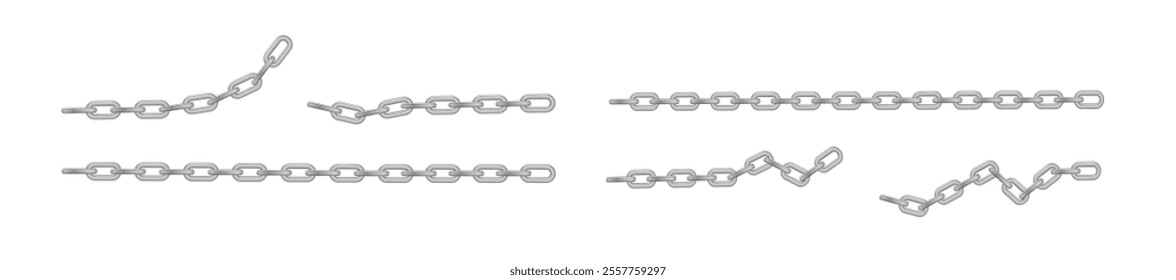 Free metal chain with whole or break steel chrome links. Collection of seamless metal chains colored silver. Vector