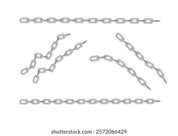 Free metal chain with whole or break steel chrome links. Collection of seamless metal chains colored silver. Vector